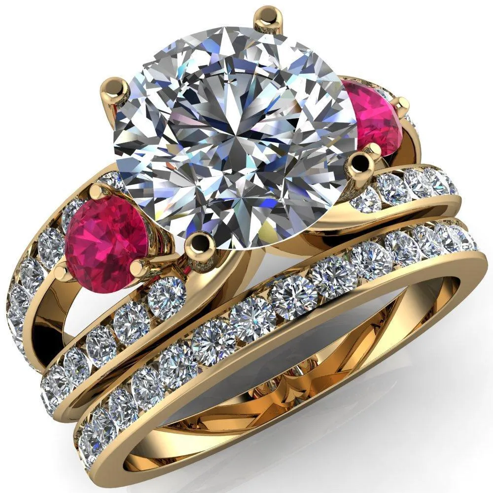 Orion Round Center Stone 2 Round Ruby Sides Split Shank Diamond Channel Set Ring