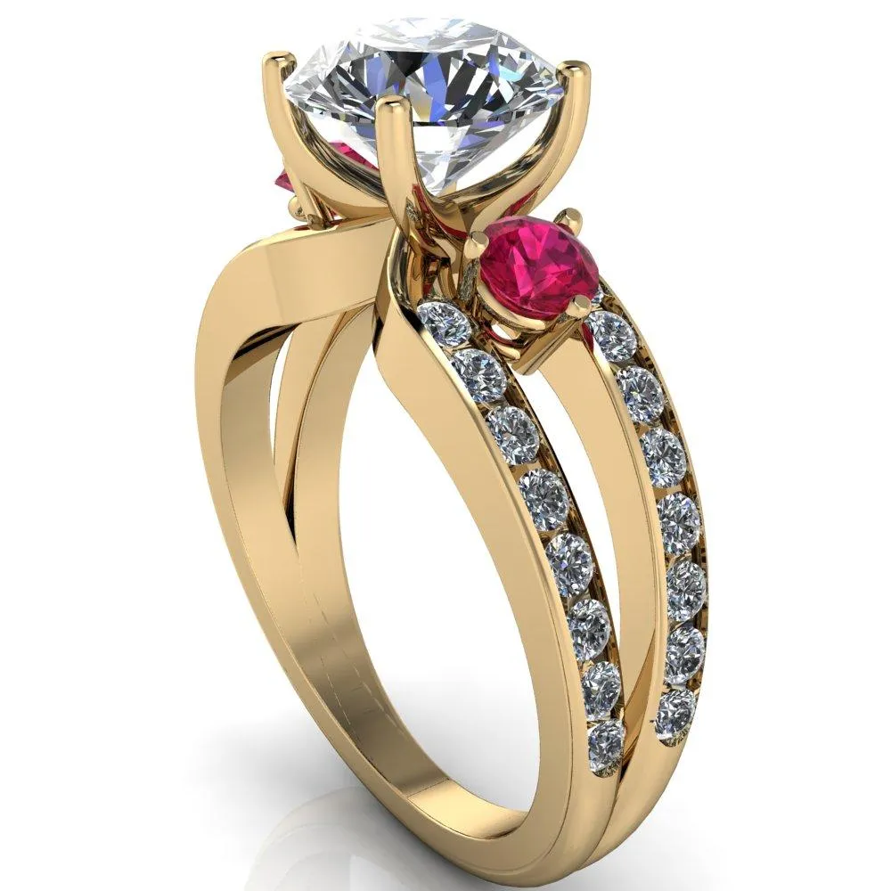 Orion Round Center Stone 2 Round Ruby Sides Split Shank Diamond Channel Set Ring