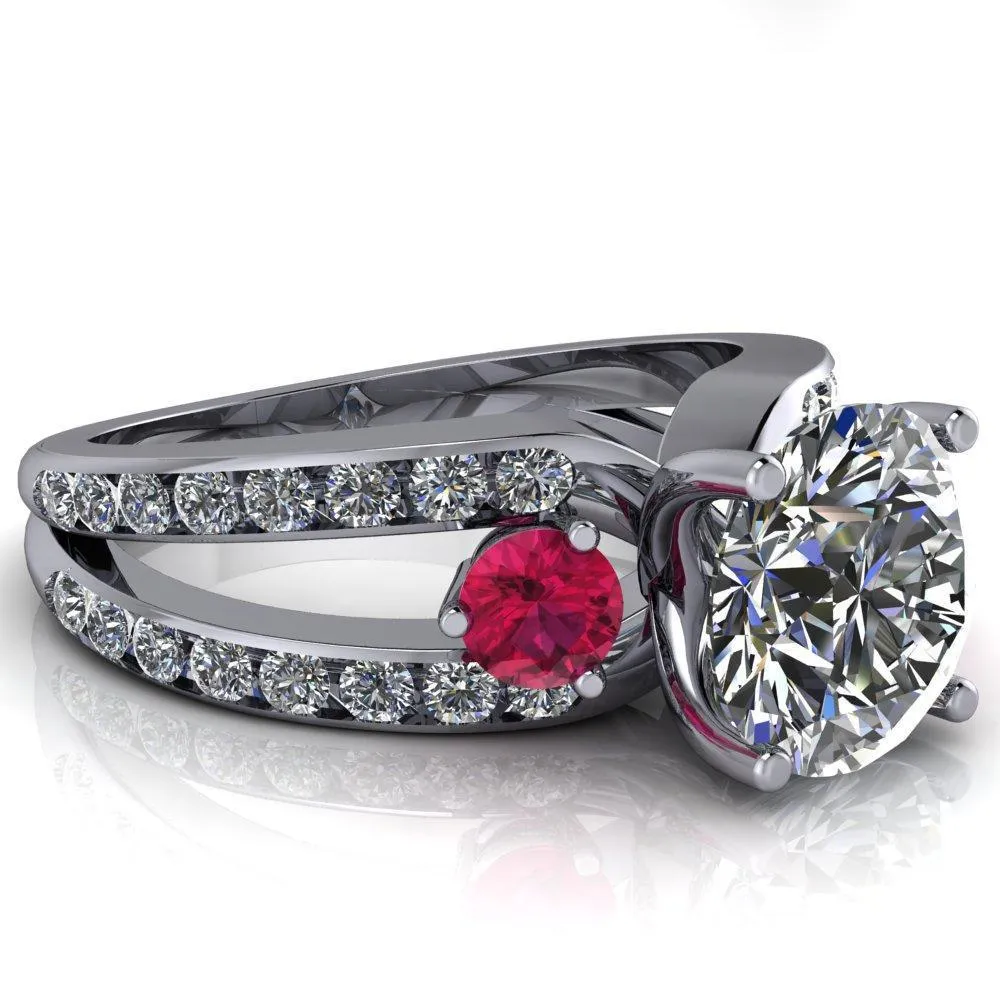 Orion Round Center Stone 2 Round Ruby Sides Split Shank Diamond Channel Set Ring