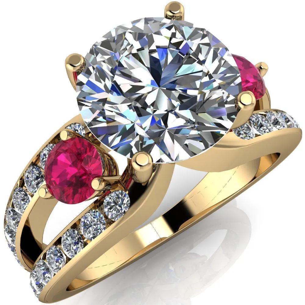 Orion Round Center Stone 2 Round Ruby Sides Split Shank Diamond Channel Set Ring