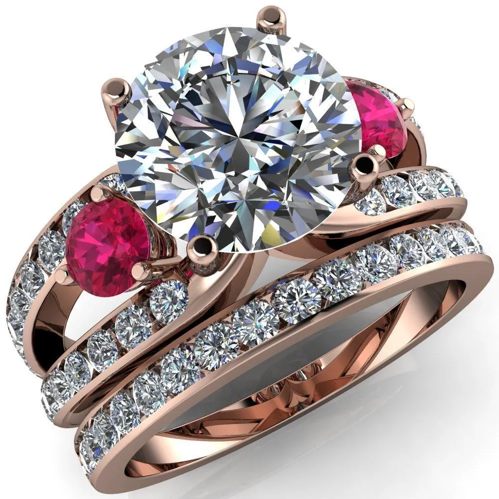 Orion Round Center Stone 2 Round Ruby Sides Split Shank Diamond Channel Set Ring