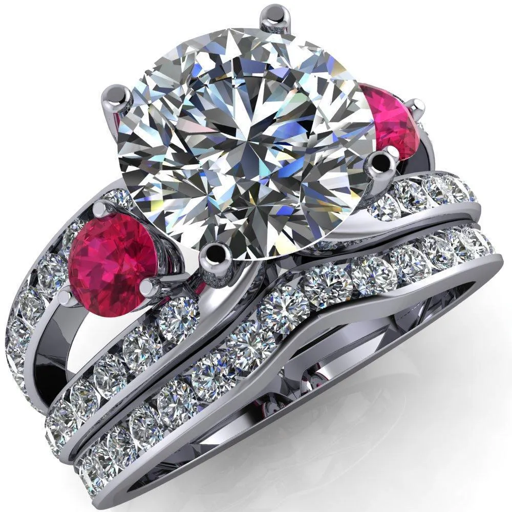 Orion Round Center Stone 2 Round Ruby Sides Split Shank Diamond Channel Set Ring