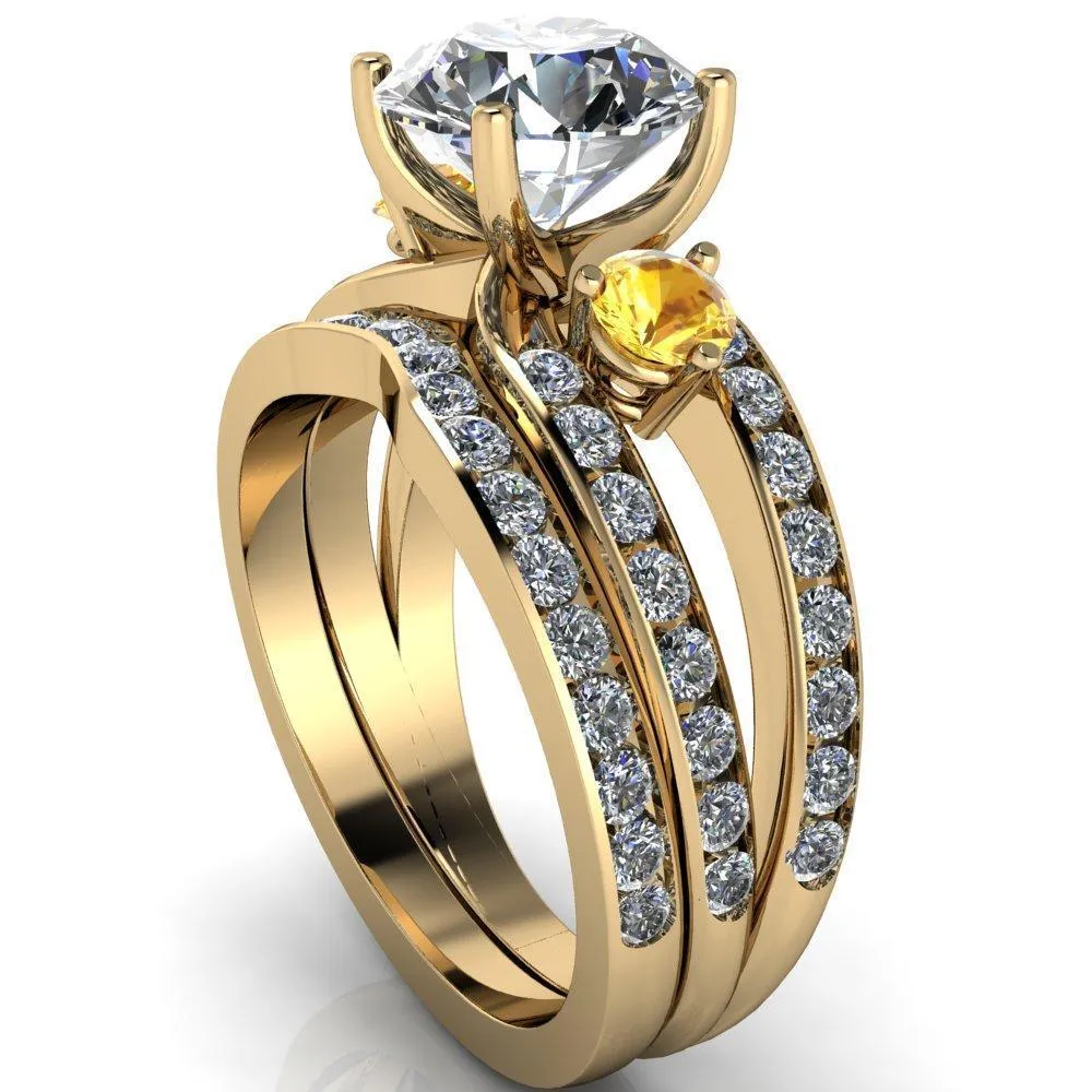 Orion Round Center Stone 2 Round Yellow Sapphire Sides Split Shank Diamond Channel Set Ring