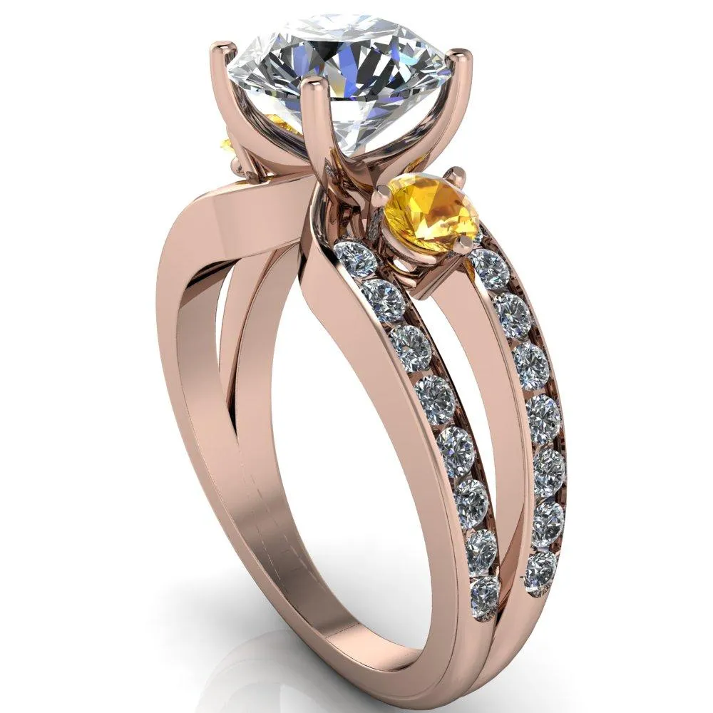 Orion Round Center Stone 2 Round Yellow Sapphire Sides Split Shank Diamond Channel Set Ring
