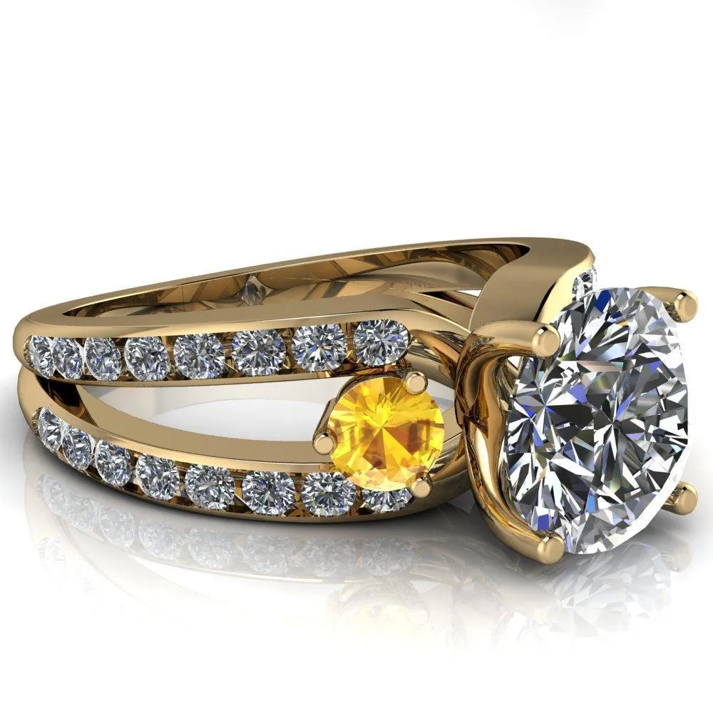Orion Round Center Stone 2 Round Yellow Sapphire Sides Split Shank Diamond Channel Set Ring