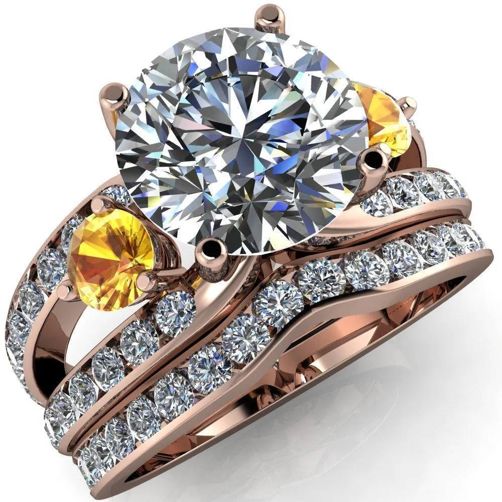 Orion Round Center Stone 2 Round Yellow Sapphire Sides Split Shank Diamond Channel Set Ring