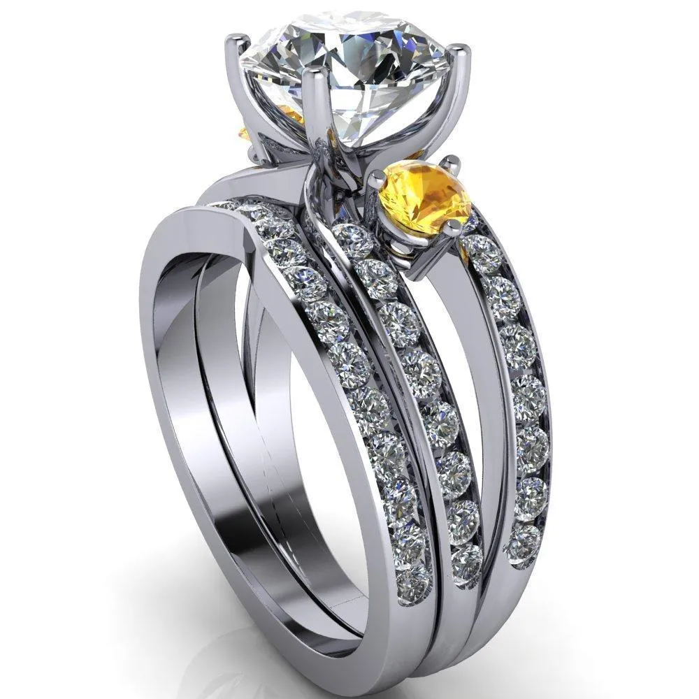 Orion Round Center Stone 2 Round Yellow Sapphire Sides Split Shank Diamond Channel Set Ring