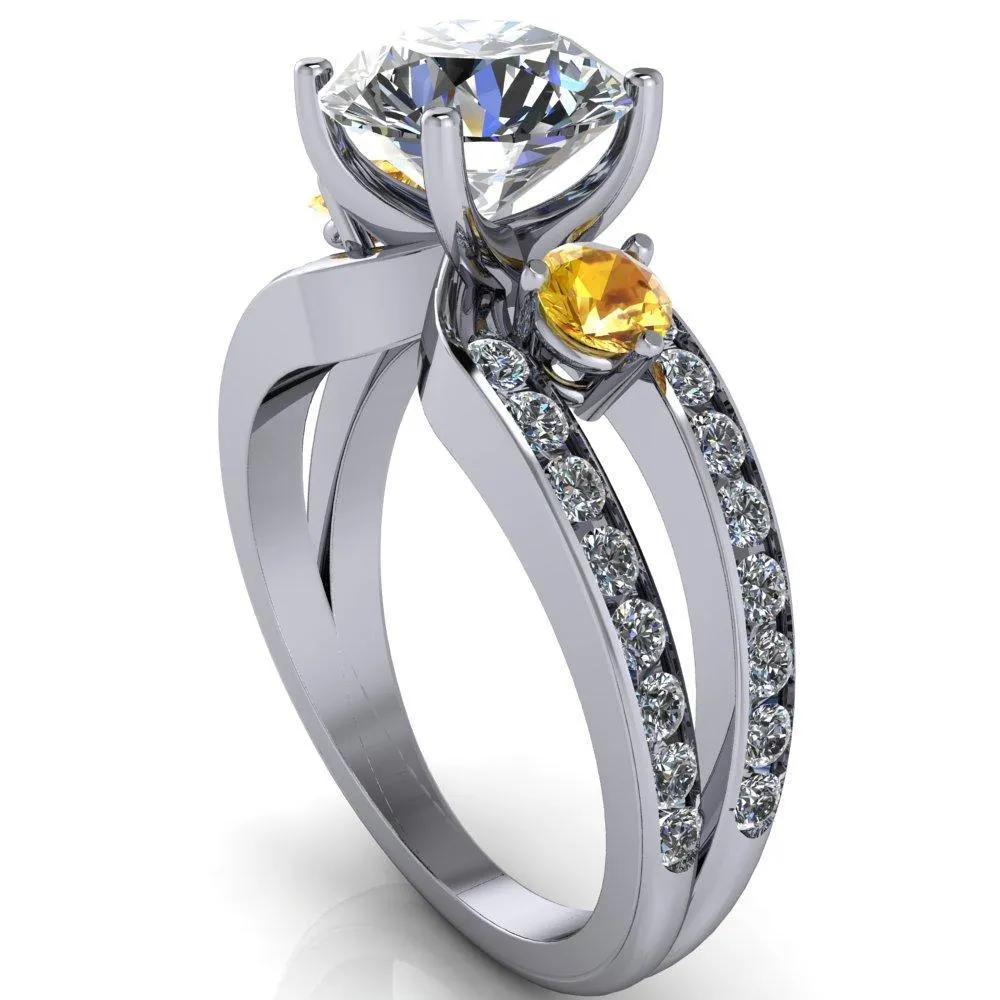 Orion Round Center Stone 2 Round Yellow Sapphire Sides Split Shank Diamond Channel Set Ring