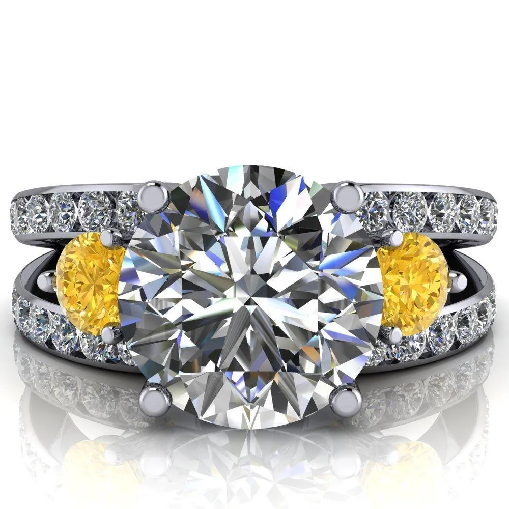 Orion Round Center Stone 2 Round Yellow Sapphire Sides Split Shank Diamond Channel Set Ring
