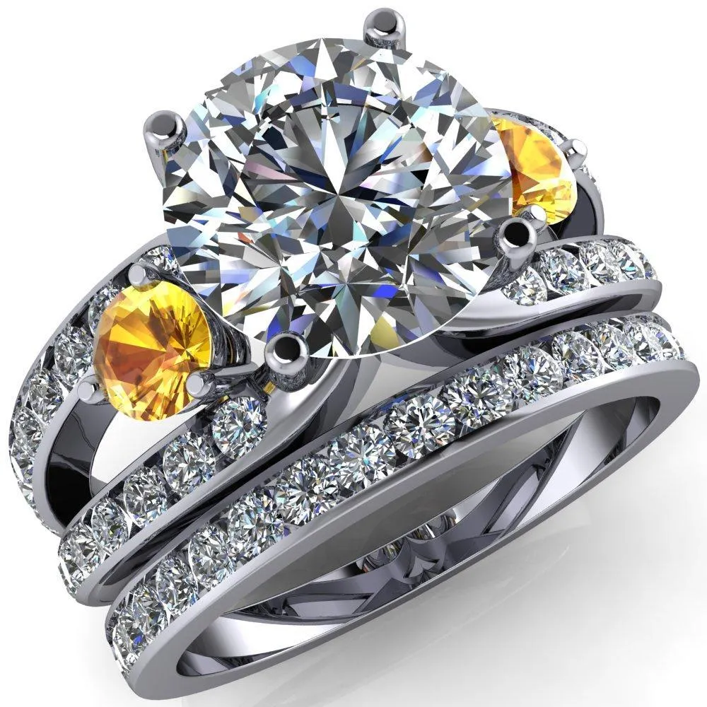 Orion Round Center Stone 2 Round Yellow Sapphire Sides Split Shank Diamond Channel Set Ring