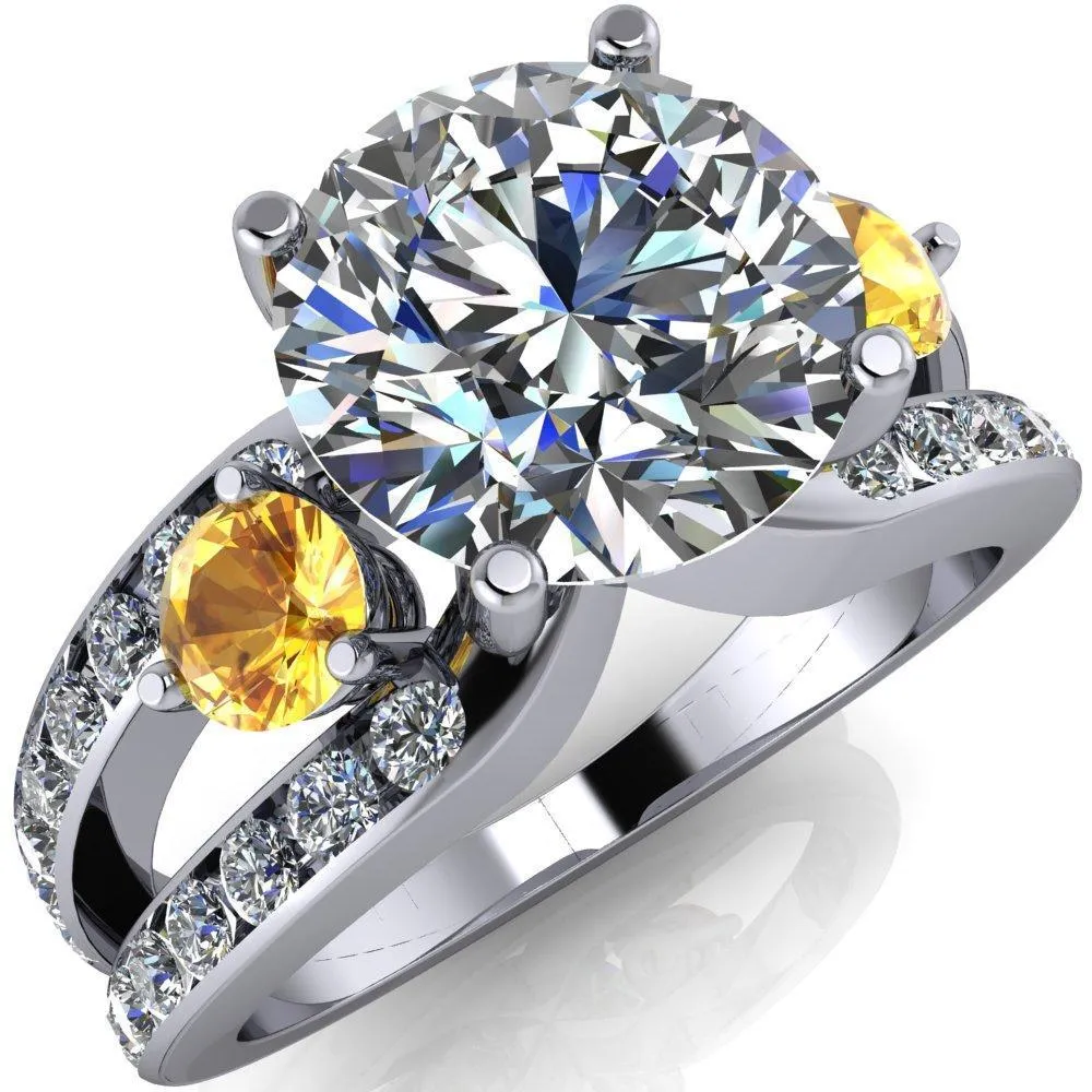 Orion Round Center Stone 2 Round Yellow Sapphire Sides Split Shank Diamond Channel Set Ring