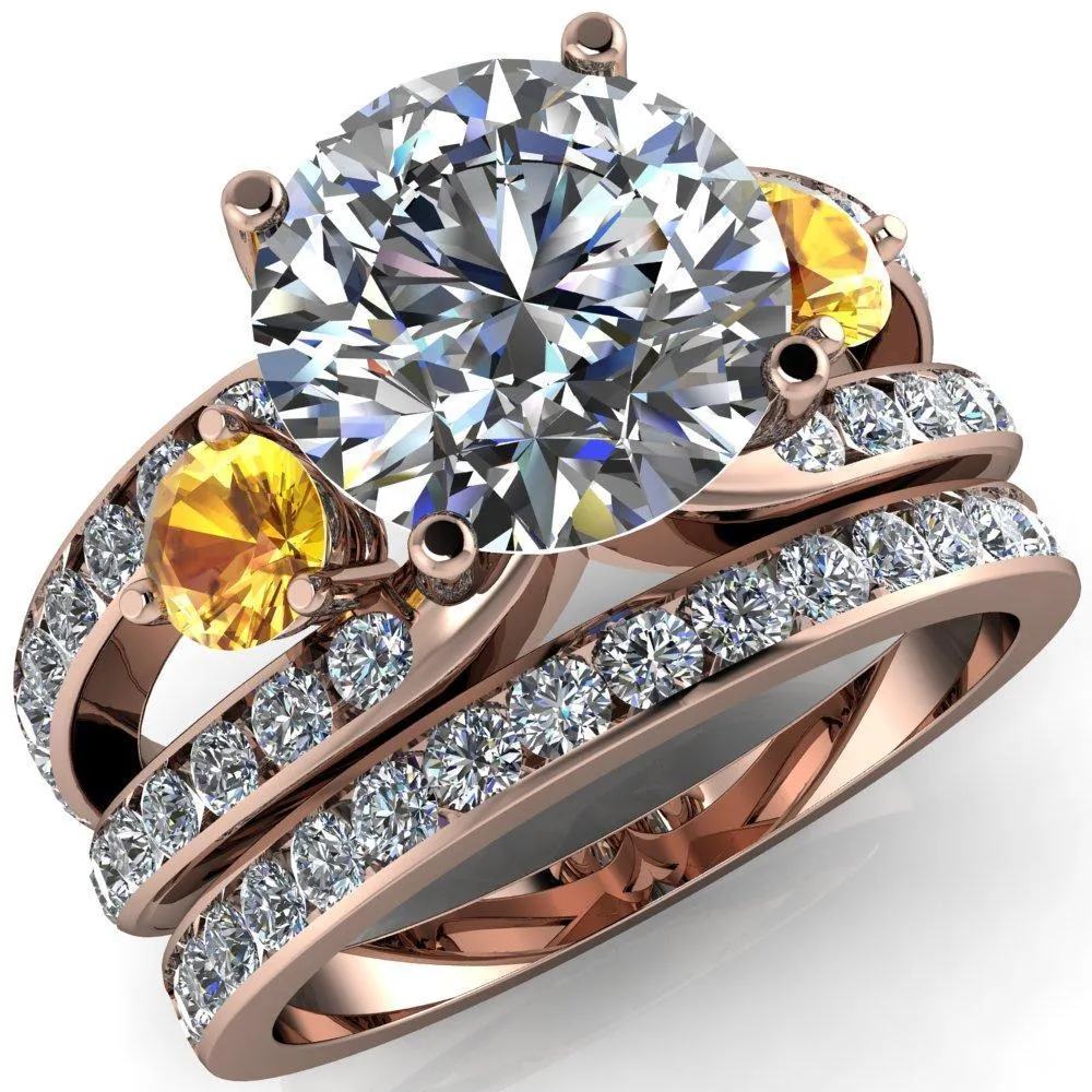 Orion Round Center Stone 2 Round Yellow Sapphire Sides Split Shank Diamond Channel Set Ring