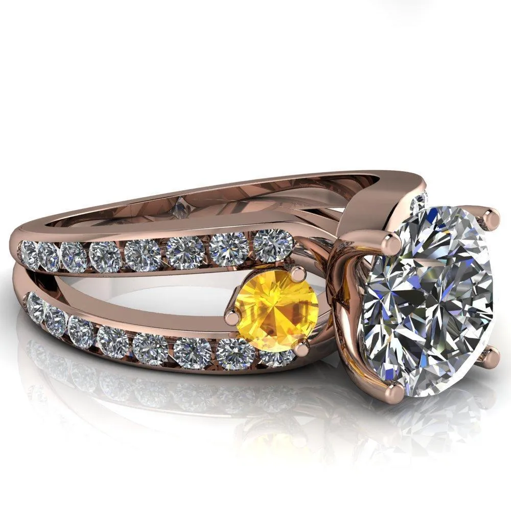 Orion Round Center Stone 2 Round Yellow Sapphire Sides Split Shank Diamond Channel Set Ring
