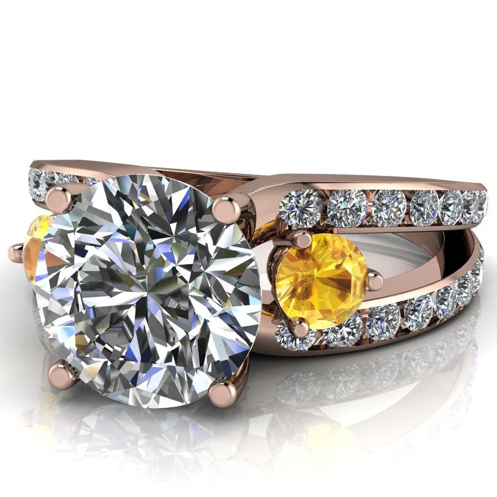 Orion Round Center Stone 2 Round Yellow Sapphire Sides Split Shank Diamond Channel Set Ring