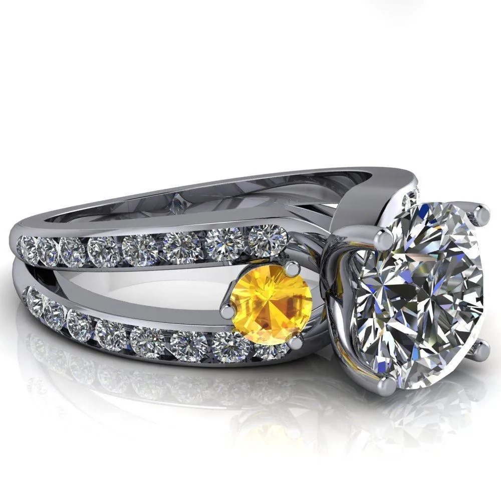Orion Round Center Stone 2 Round Yellow Sapphire Sides Split Shank Diamond Channel Set Ring