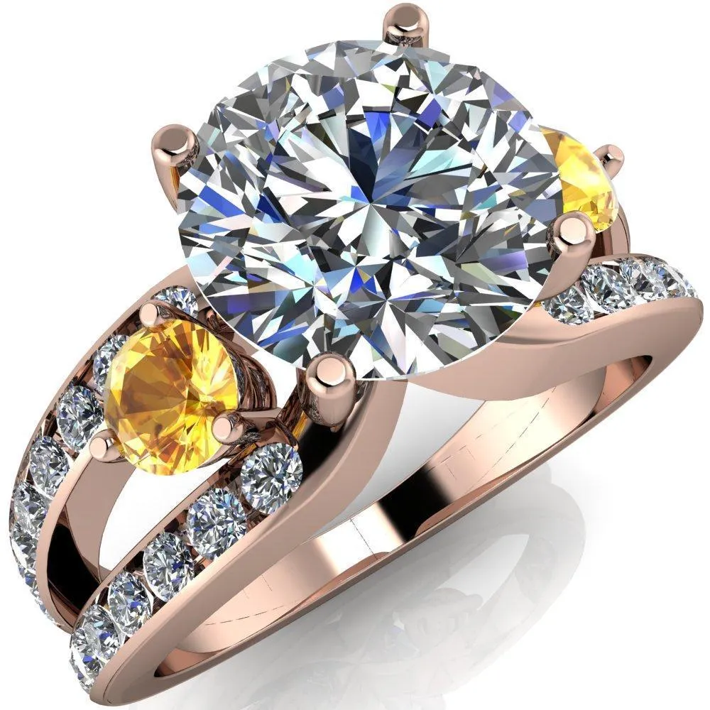 Orion Round Center Stone 2 Round Yellow Sapphire Sides Split Shank Diamond Channel Set Ring