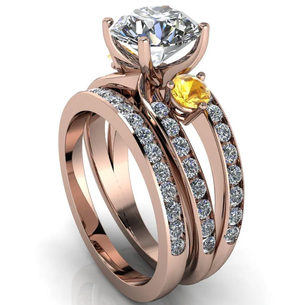 Orion Round Center Stone 2 Round Yellow Sapphire Sides Split Shank Diamond Channel Set Ring