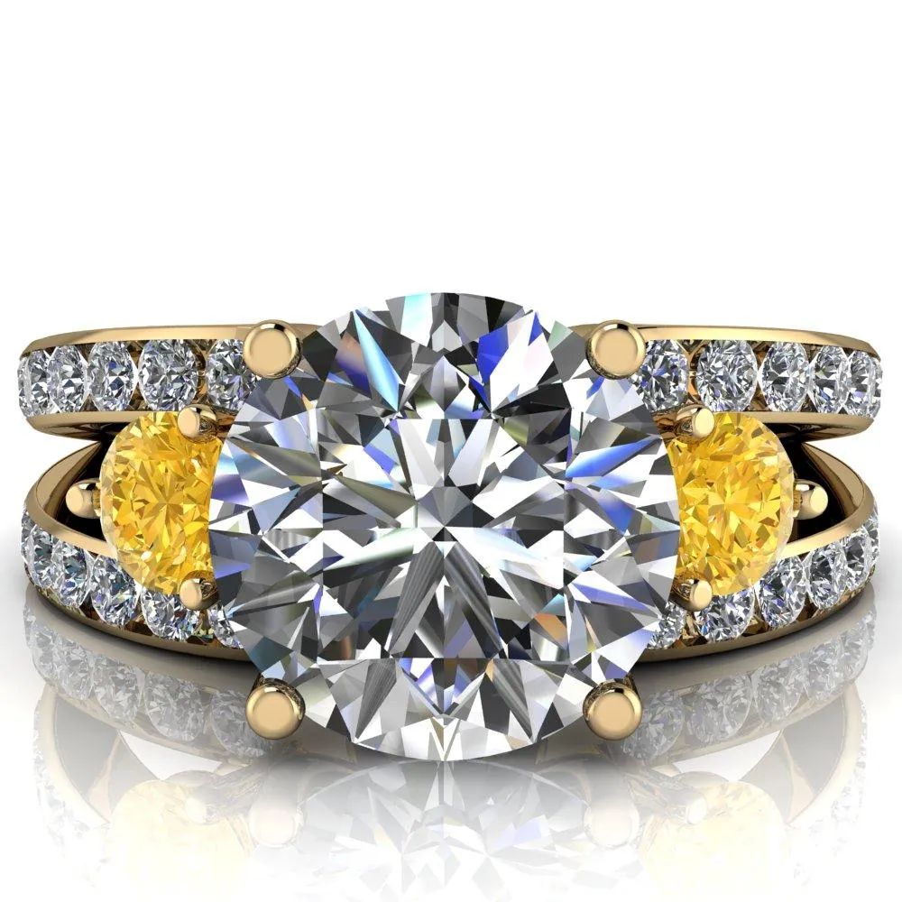 Orion Round Center Stone 2 Round Yellow Sapphire Sides Split Shank Diamond Channel Set Ring