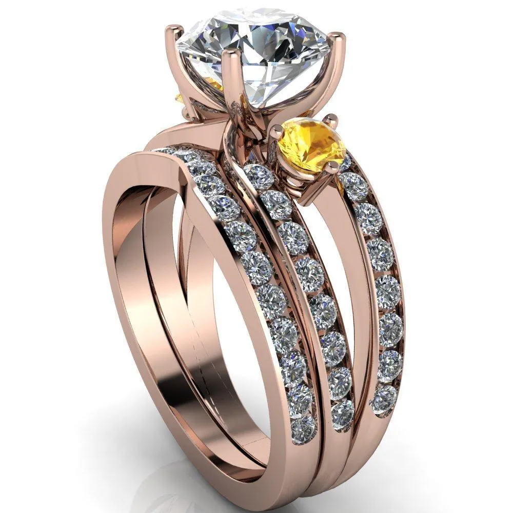 Orion Round Center Stone 2 Round Yellow Sapphire Sides Split Shank Diamond Channel Set Ring