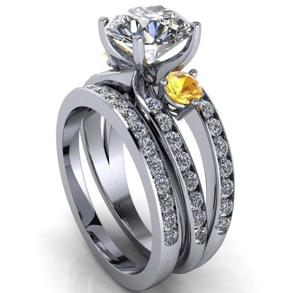 Orion Round Center Stone 2 Round Yellow Sapphire Sides Split Shank Diamond Channel Set Ring