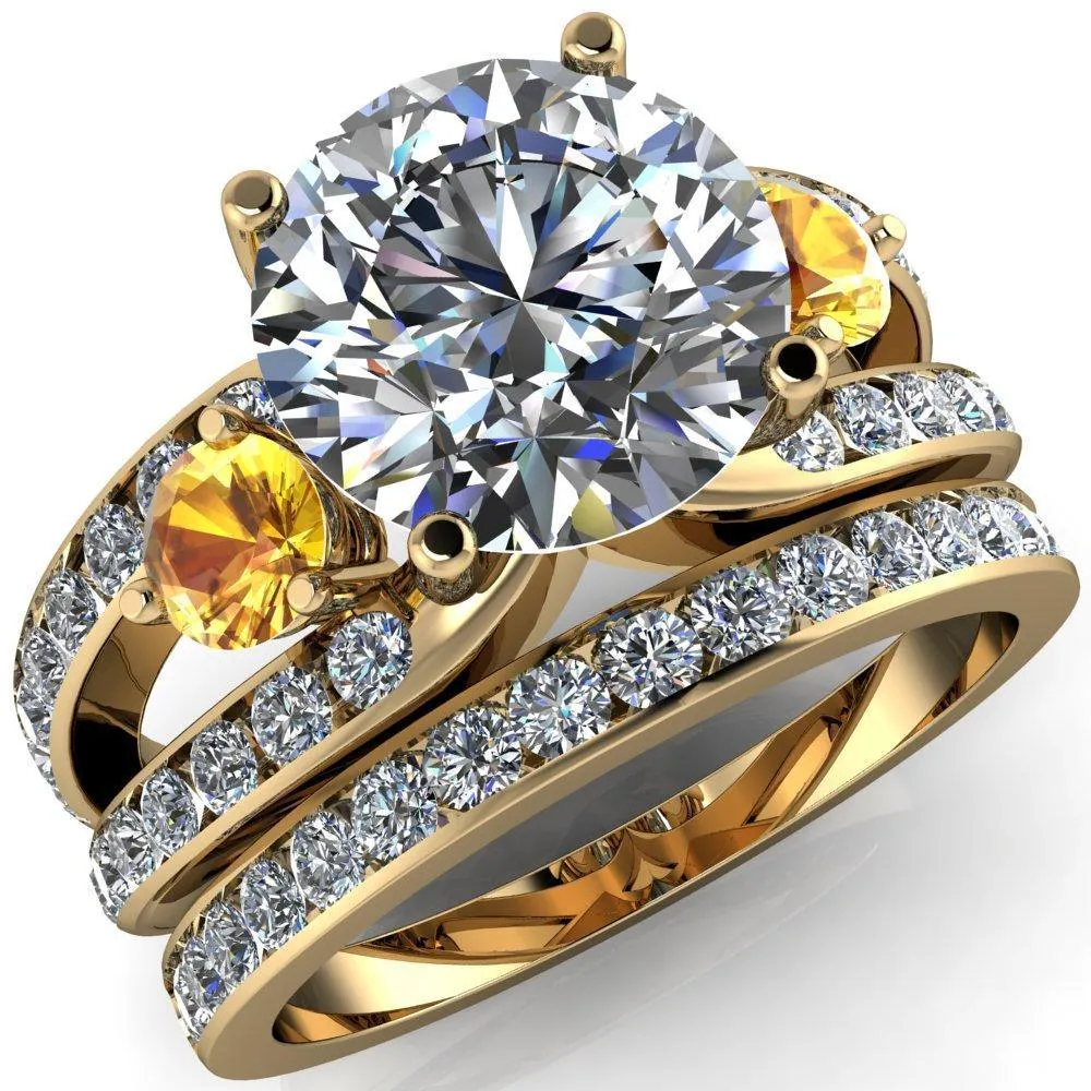 Orion Round Center Stone 2 Round Yellow Sapphire Sides Split Shank Diamond Channel Set Ring