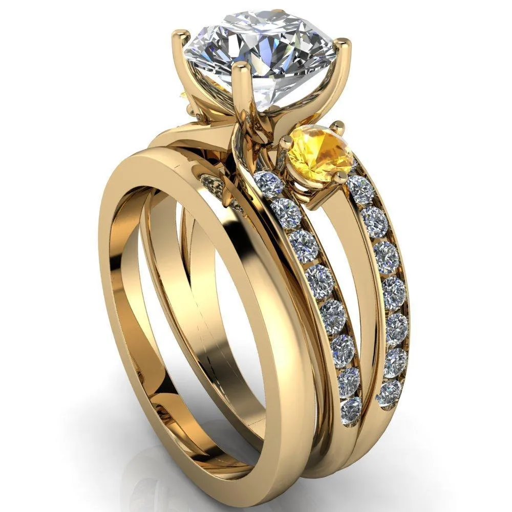 Orion Round Center Stone 2 Round Yellow Sapphire Sides Split Shank Diamond Channel Set Ring