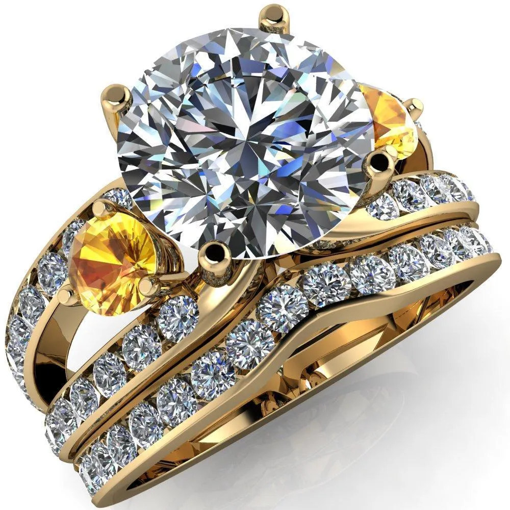 Orion Round Center Stone 2 Round Yellow Sapphire Sides Split Shank Diamond Channel Set Ring