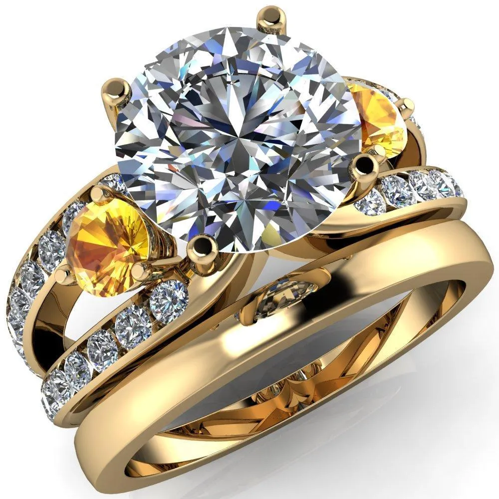 Orion Round Center Stone 2 Round Yellow Sapphire Sides Split Shank Diamond Channel Set Ring