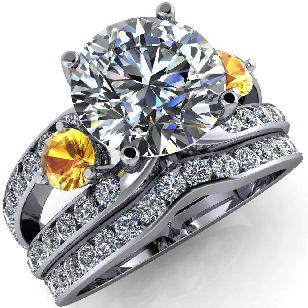 Orion Round Center Stone 2 Round Yellow Sapphire Sides Split Shank Diamond Channel Set Ring