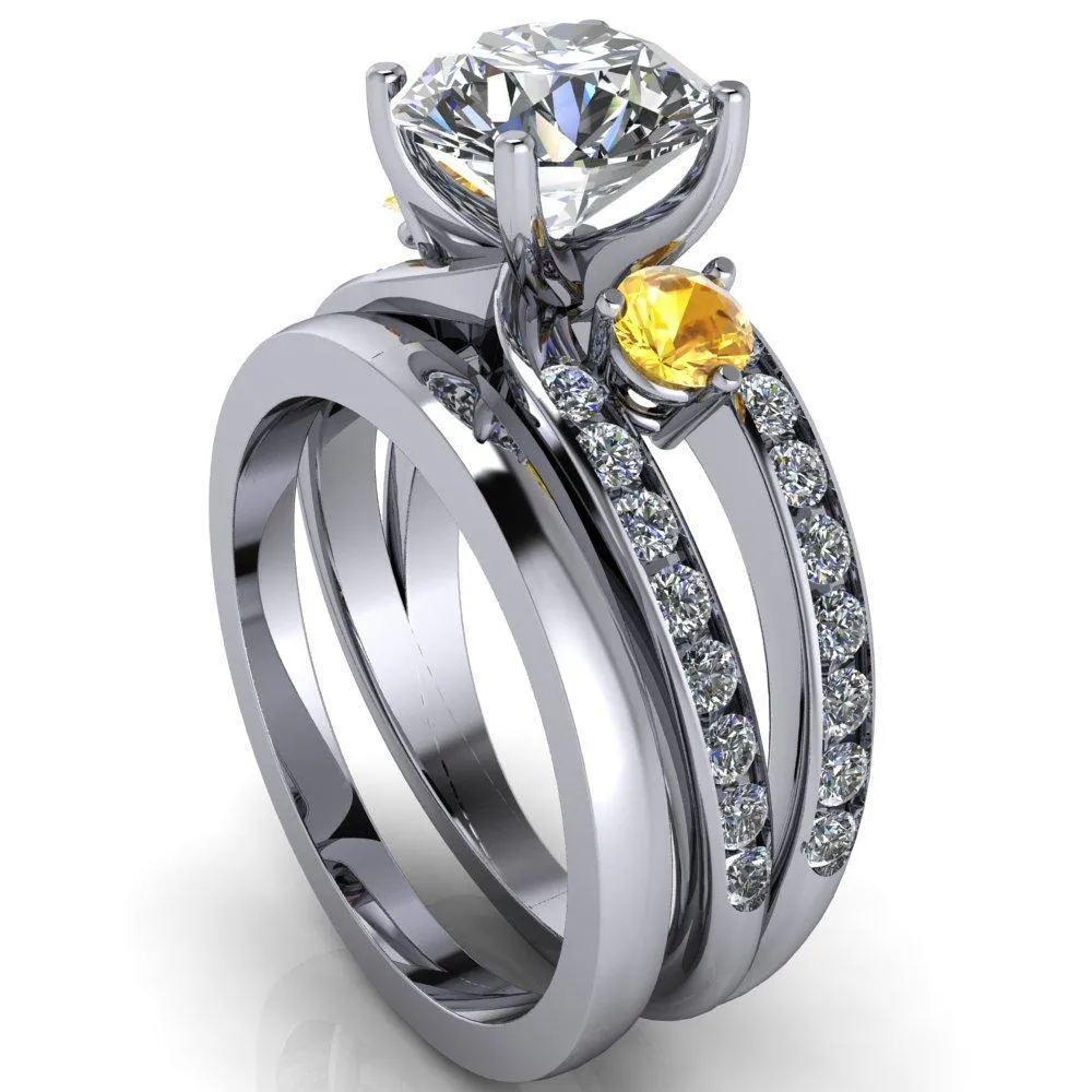 Orion Round Center Stone 2 Round Yellow Sapphire Sides Split Shank Diamond Channel Set Ring
