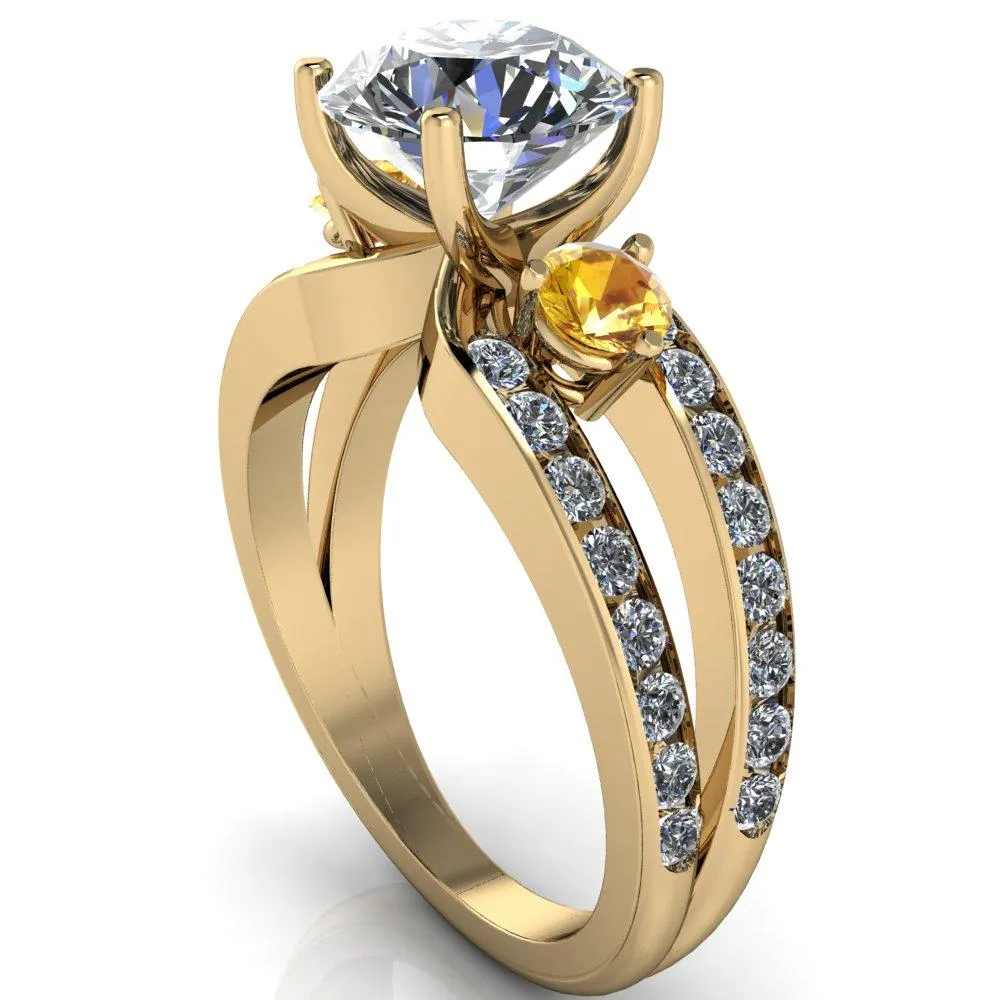 Orion Round Center Stone 2 Round Yellow Sapphire Sides Split Shank Diamond Channel Set Ring