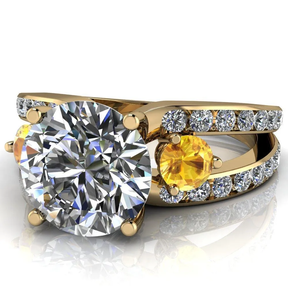 Orion Round Center Stone 2 Round Yellow Sapphire Sides Split Shank Diamond Channel Set Ring