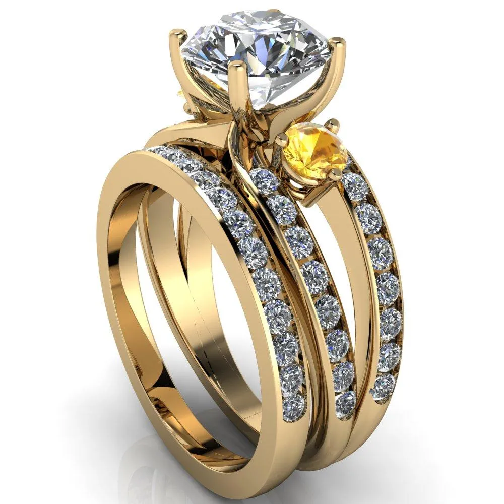 Orion Round Center Stone 2 Round Yellow Sapphire Sides Split Shank Diamond Channel Set Ring
