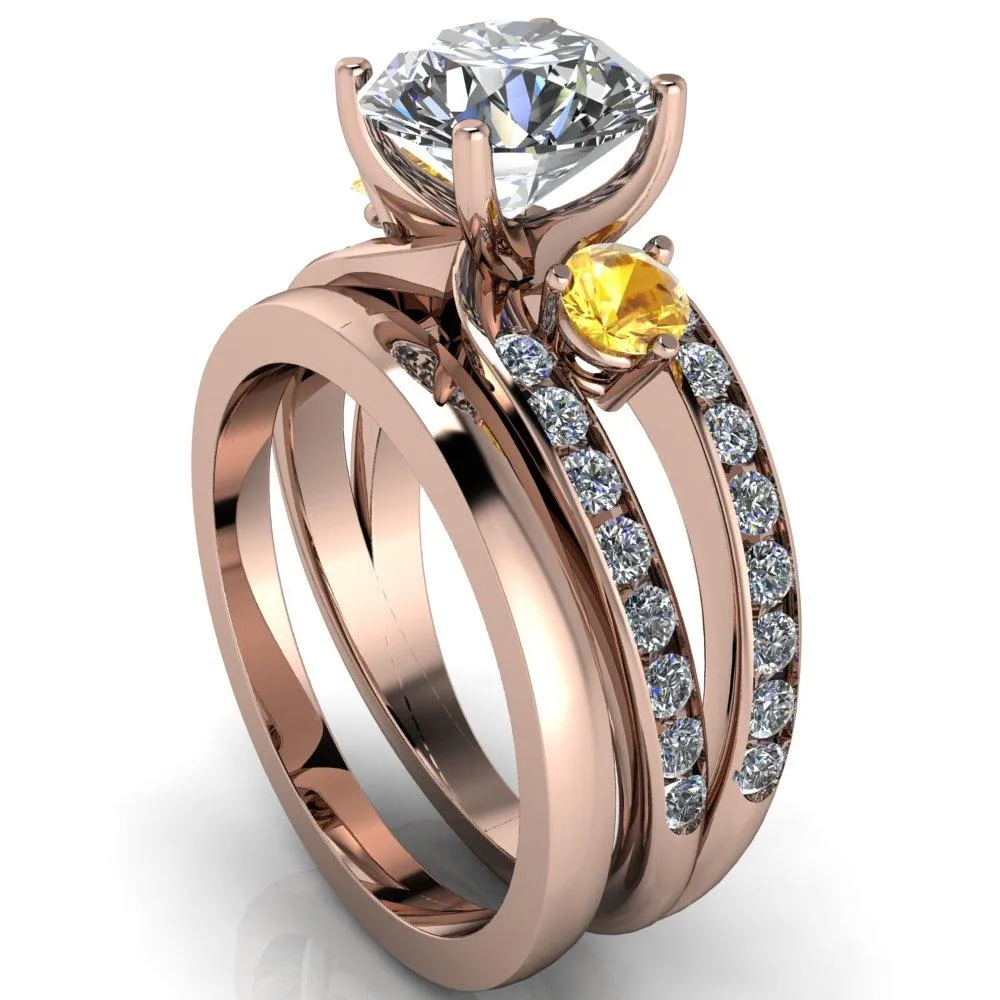 Orion Round Center Stone 2 Round Yellow Sapphire Sides Split Shank Diamond Channel Set Ring