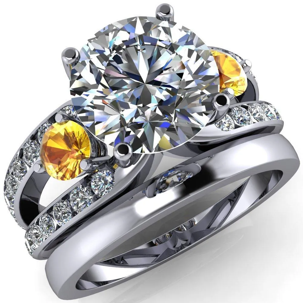 Orion Round Center Stone 2 Round Yellow Sapphire Sides Split Shank Diamond Channel Set Ring