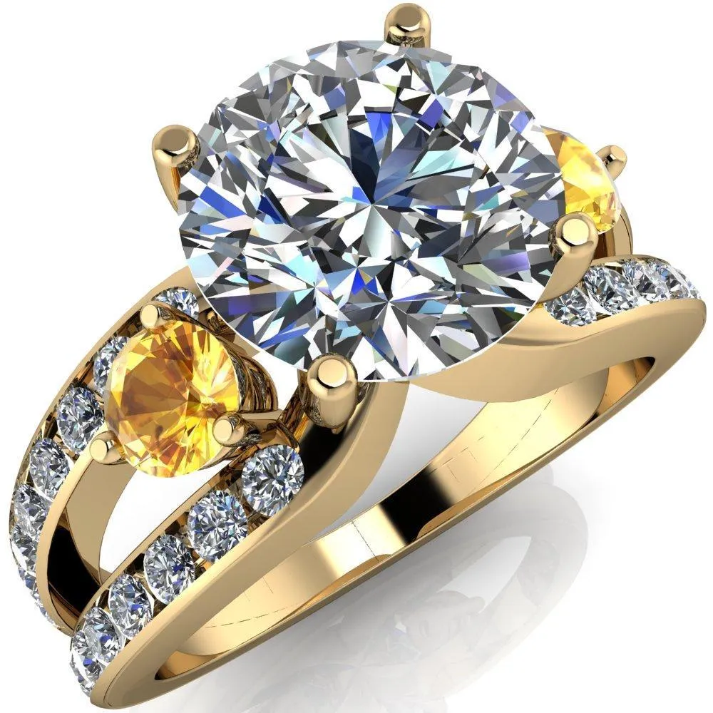 Orion Round Center Stone 2 Round Yellow Sapphire Sides Split Shank Diamond Channel Set Ring