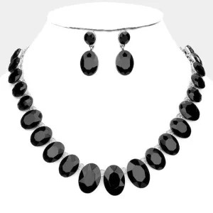 Oval Black Crystal Link Evening Silver Necklace Set