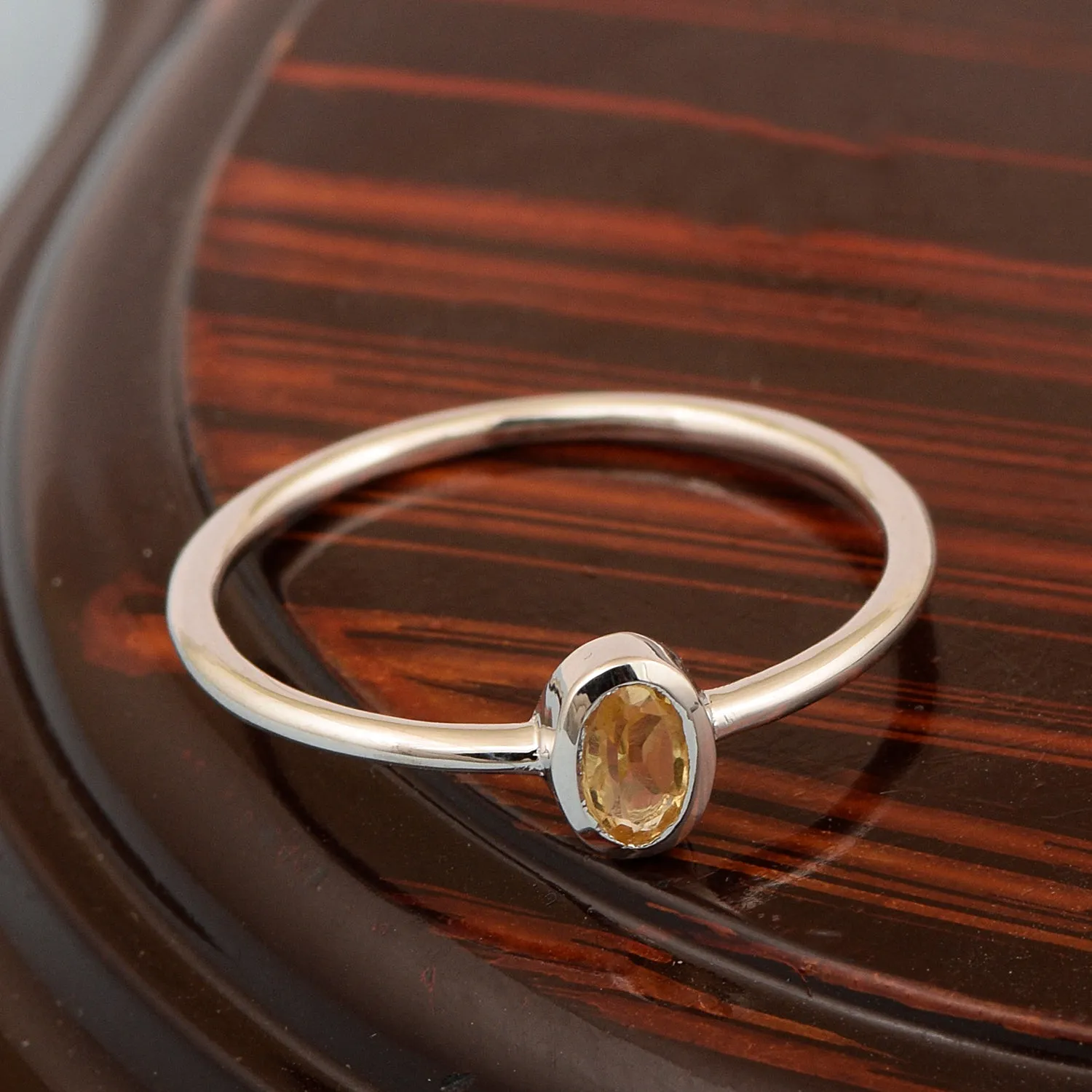 Oval Cut 5X3MM Bezel Set Citrine 925 Sterling Silver Women Stacking Ring