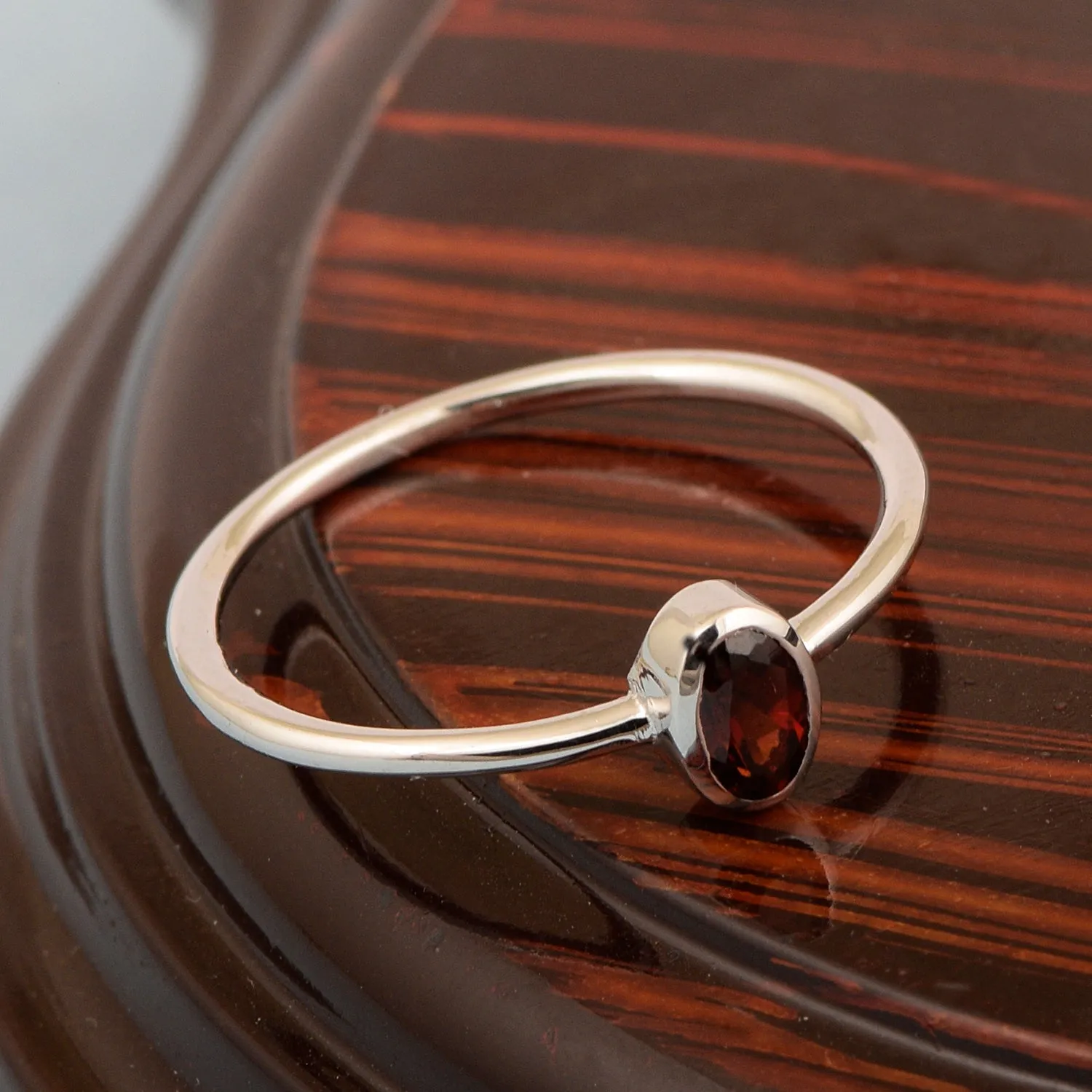 Oval Cut 5X3MM Bezel Set Garnet 925 Sterling Silver Women Stacking Ring