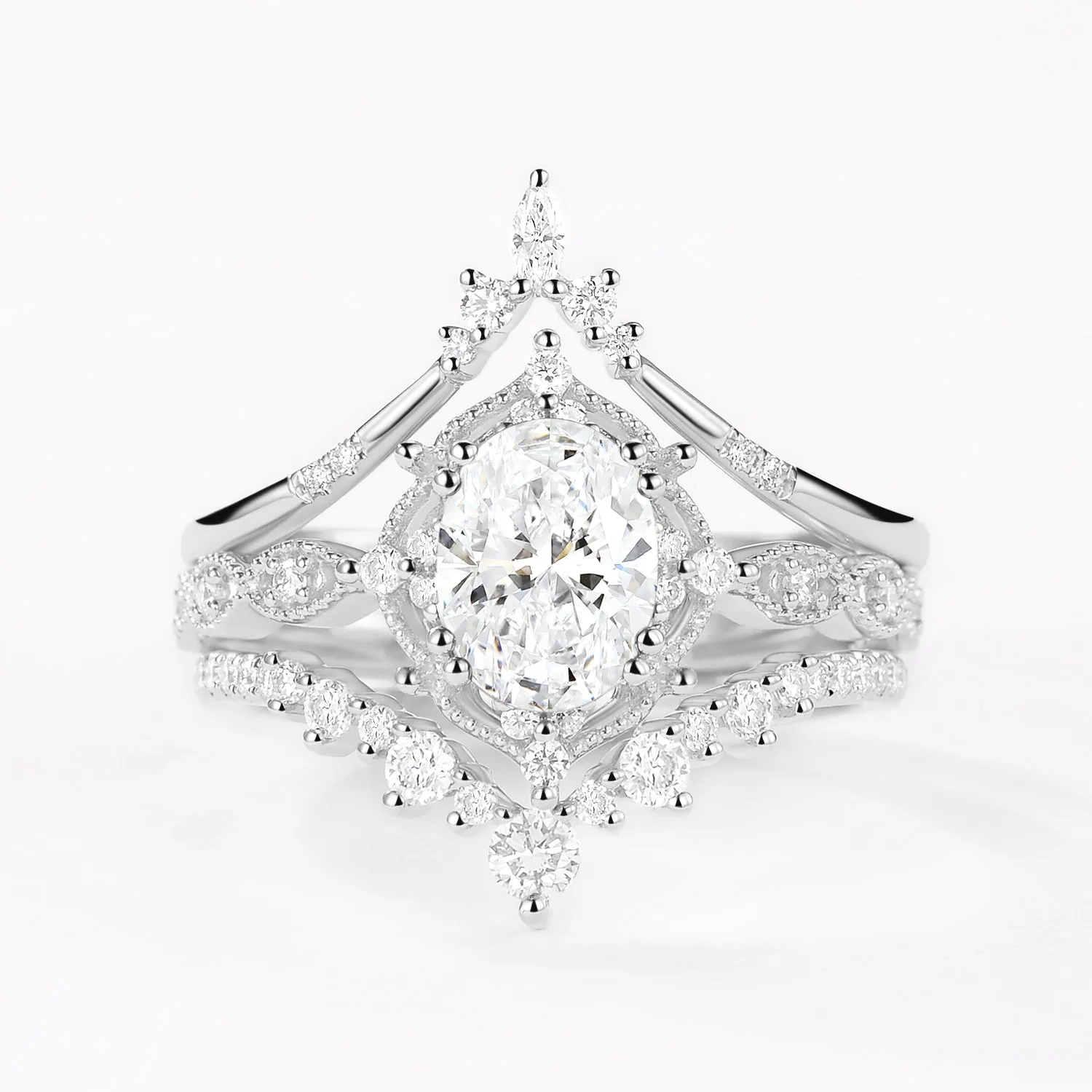 Oval Moissanite Signature Vintage Ring Set 3pcs - Charlotte