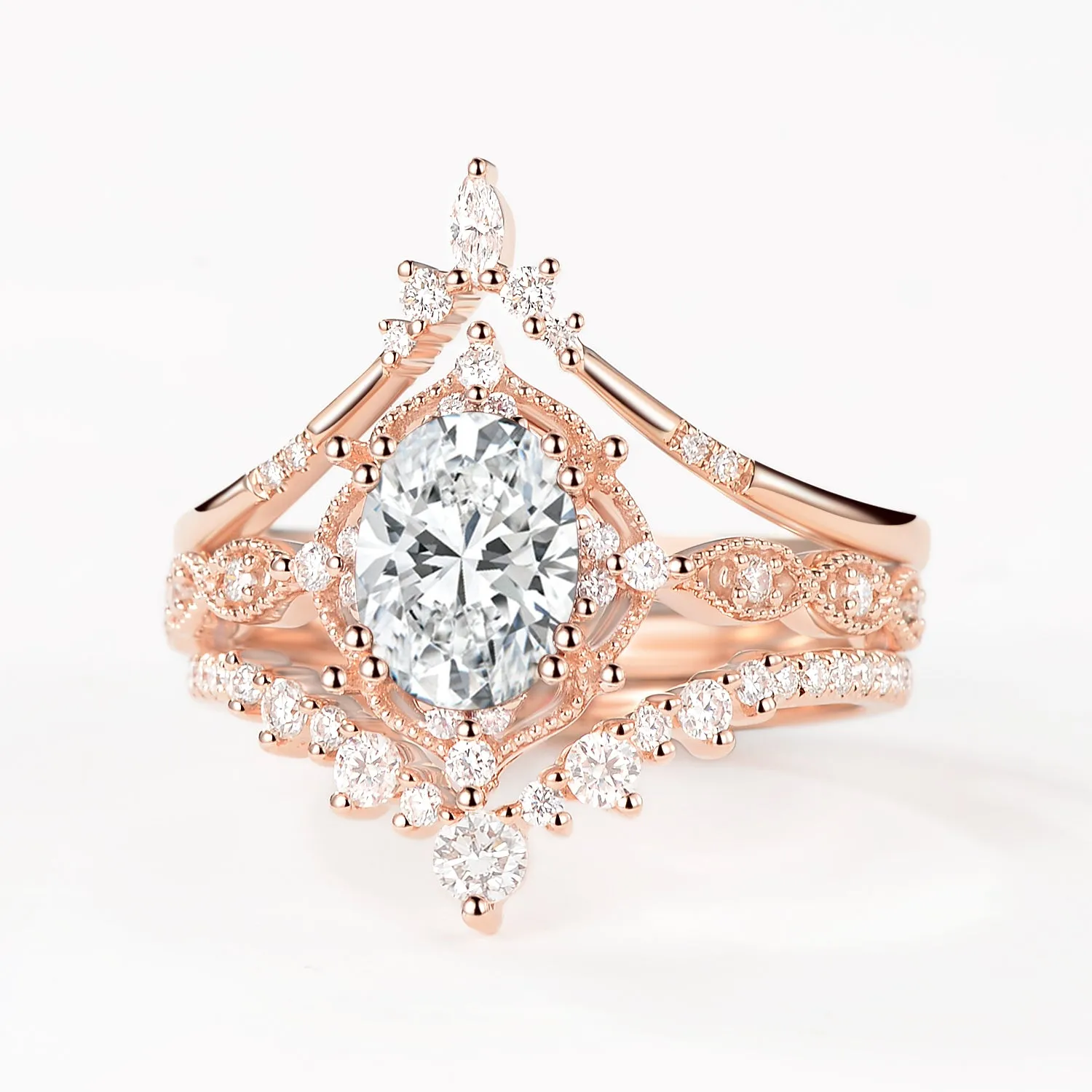 Oval Moissanite Signature Vintage Ring Set 3pcs - Charlotte