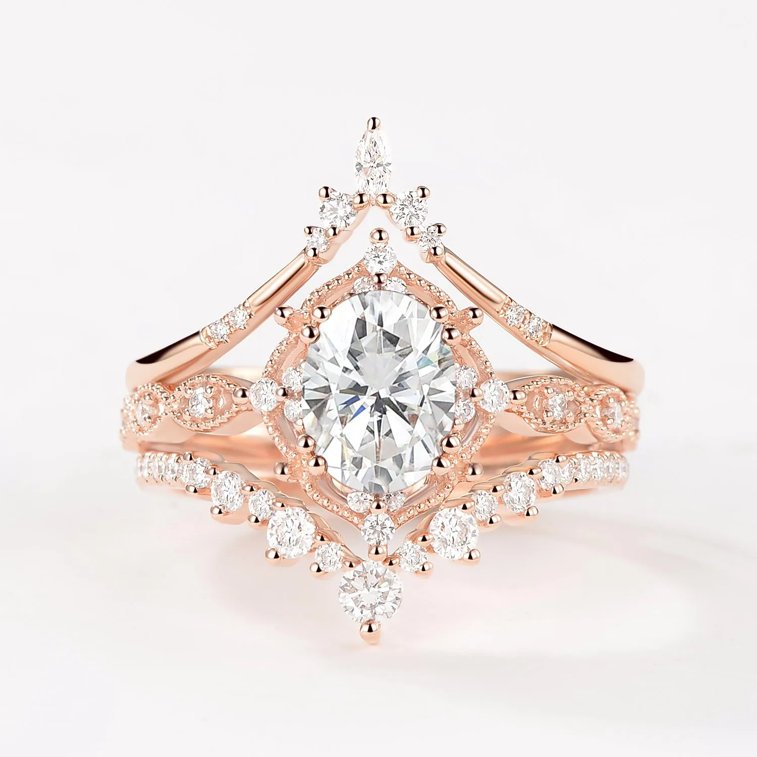 Oval Moissanite Signature Vintage Ring Set 3pcs - Charlotte