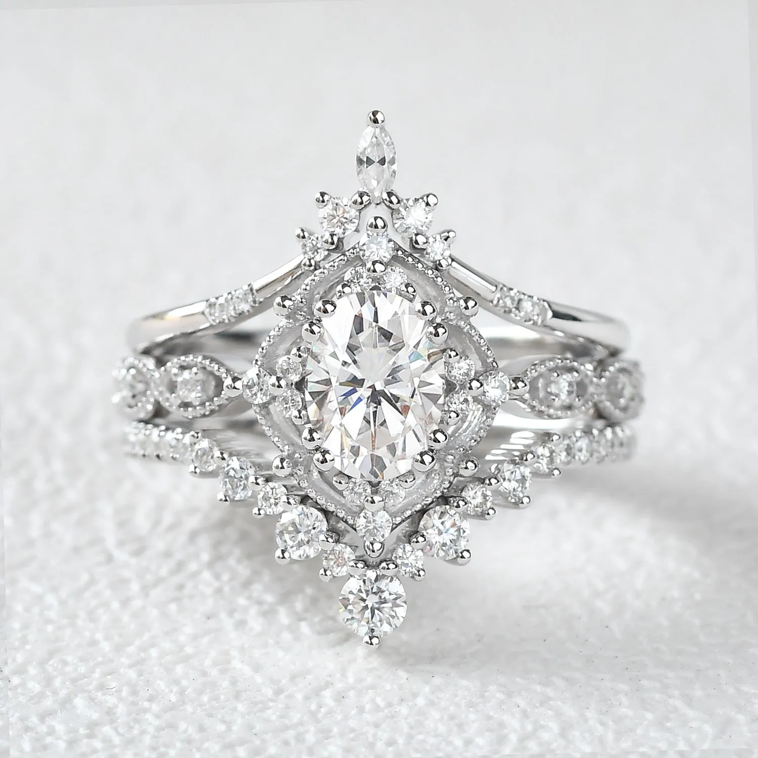 Oval Moissanite Signature Vintage Ring Set 3pcs - Charlotte