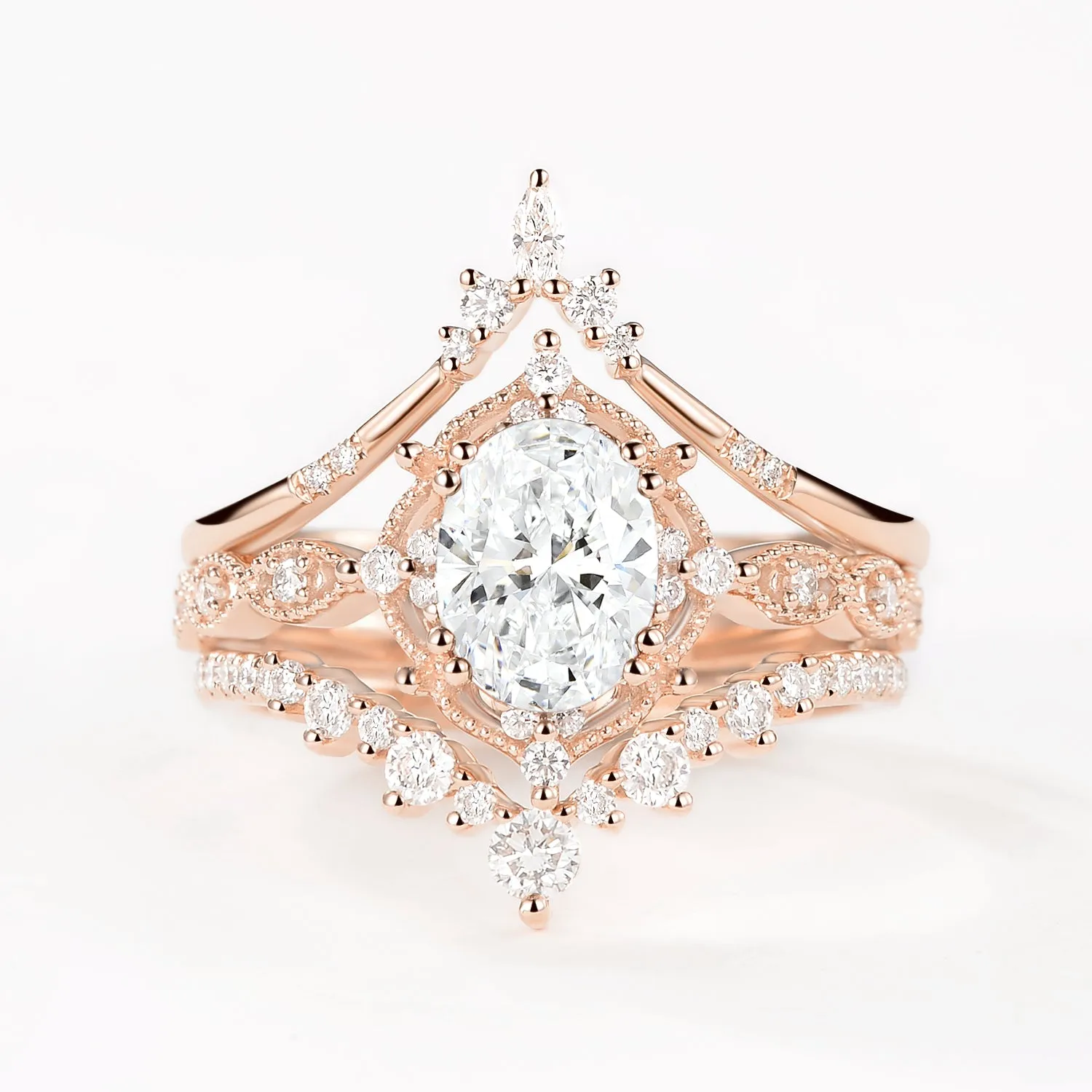 Oval Moissanite Signature Vintage Ring Set 3pcs - Charlotte