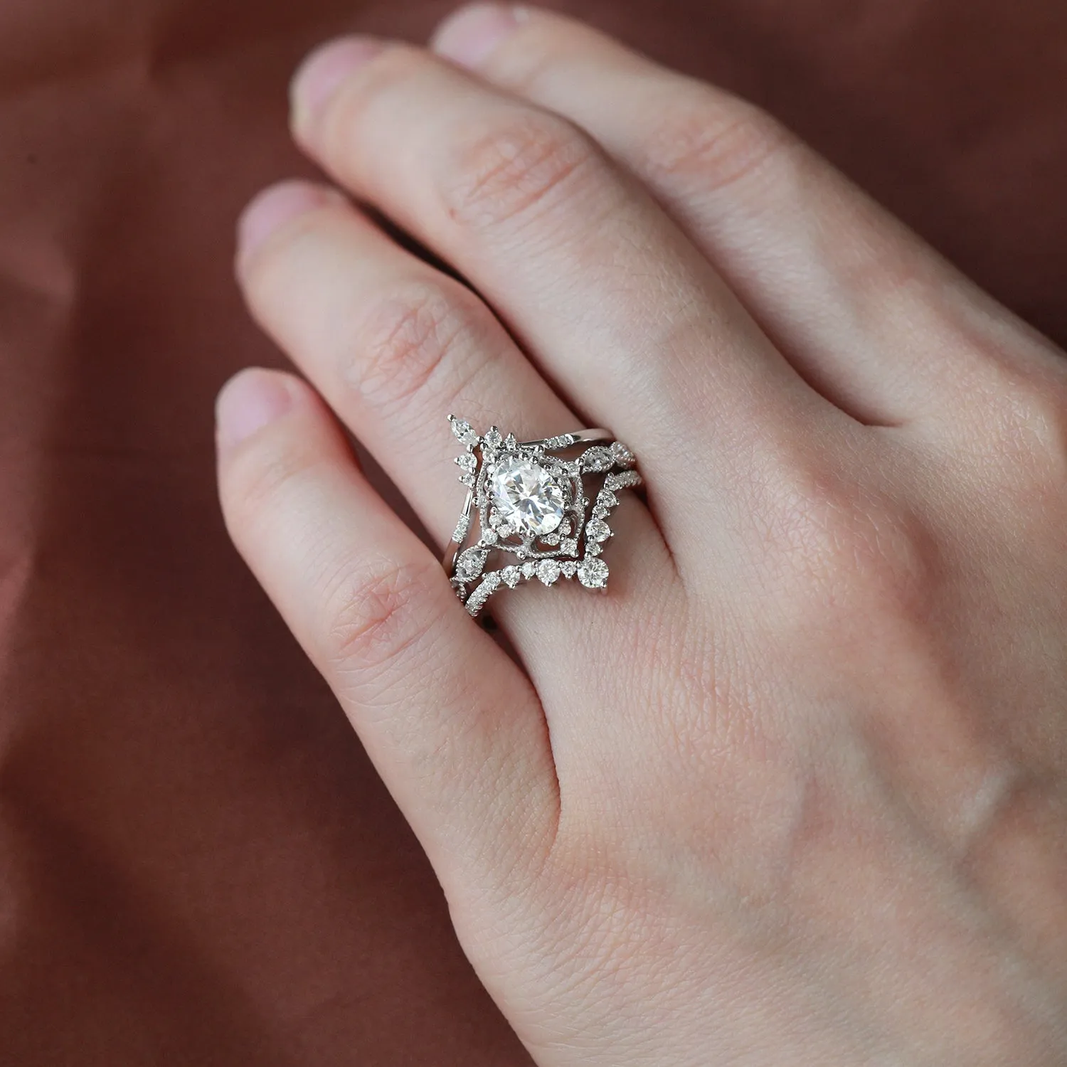 Oval Moissanite Signature Vintage Ring Set 3pcs - Charlotte