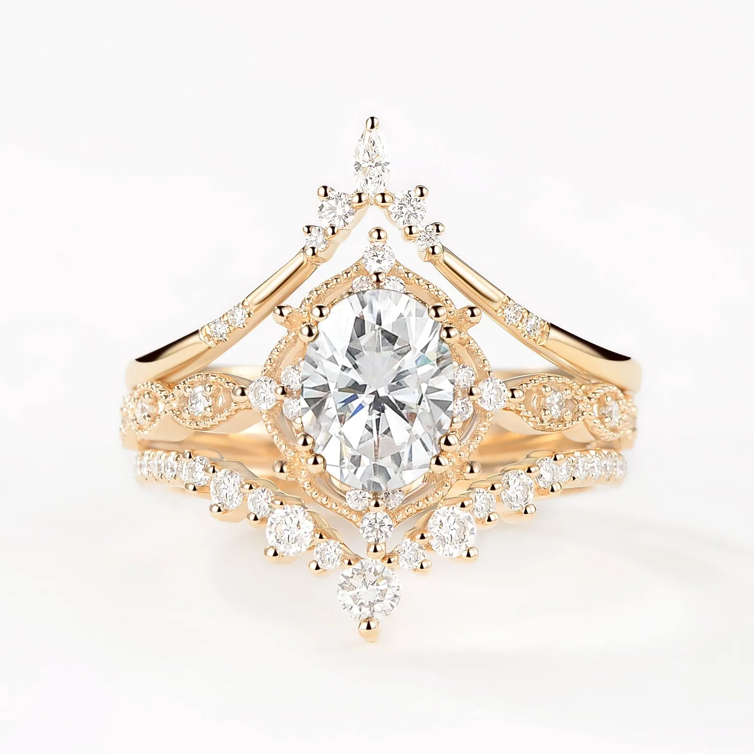 Oval Moissanite Signature Vintage Ring Set 3pcs - Charlotte