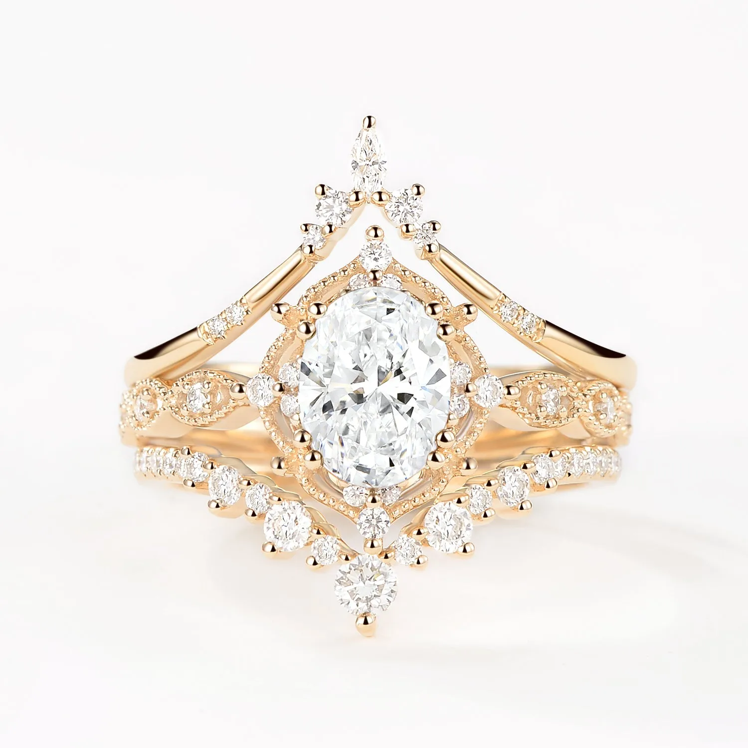 Oval Moissanite Signature Vintage Ring Set 3pcs - Charlotte