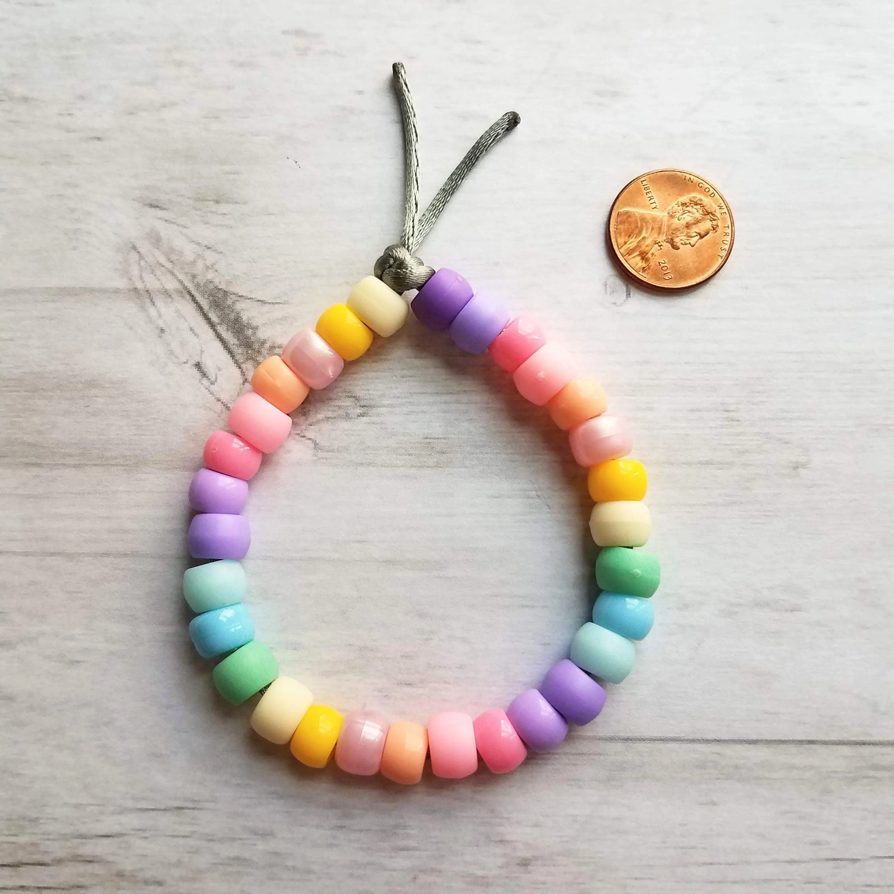 Pastel Rainbow Bracelet, pastel bead bracelet, tie on bracelet, cord bracelet, large crow beads, faux glass bead bracelet, chunky mix colors