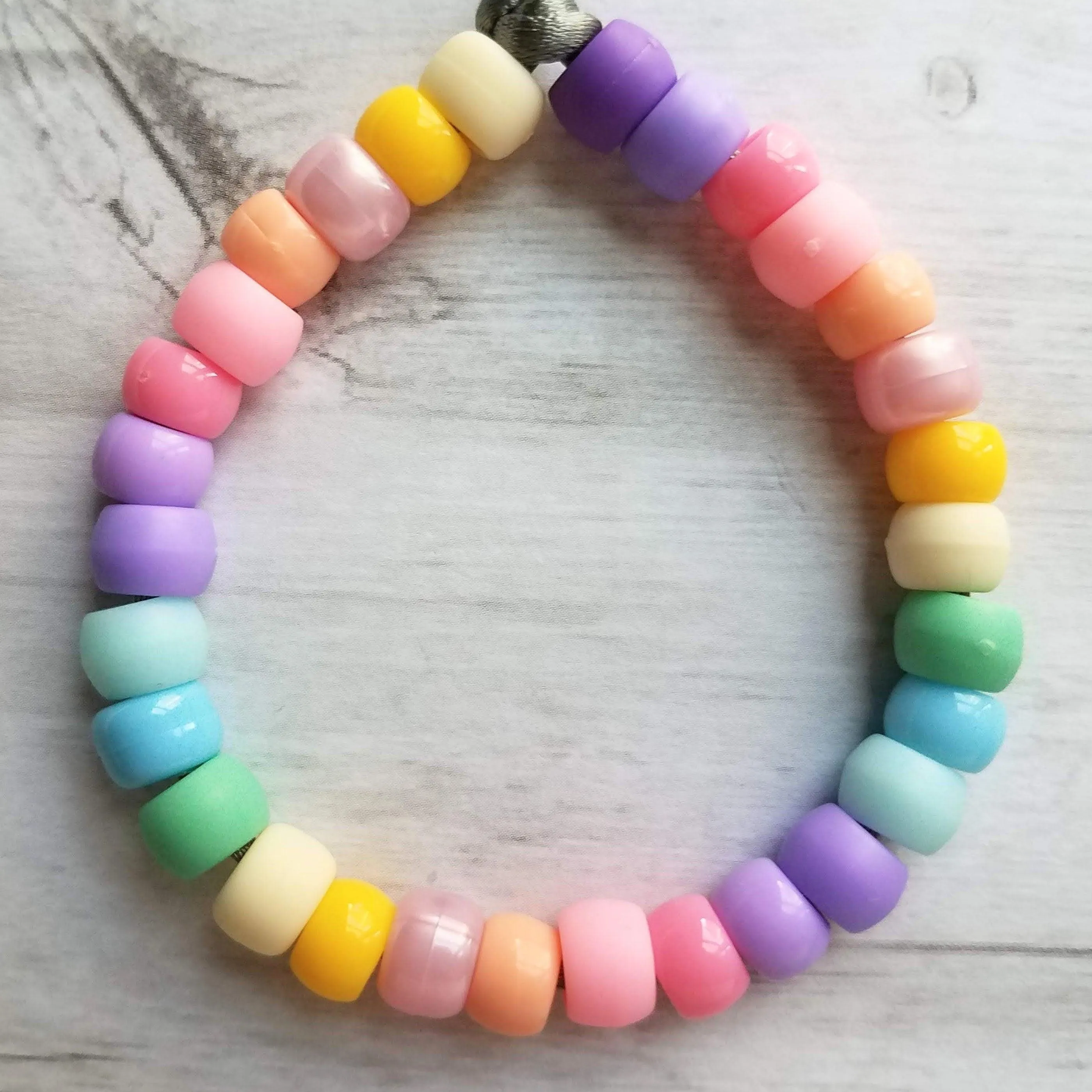 Pastel Rainbow Bracelet, pastel bead bracelet, tie on bracelet, cord bracelet, large crow beads, faux glass bead bracelet, chunky mix colors