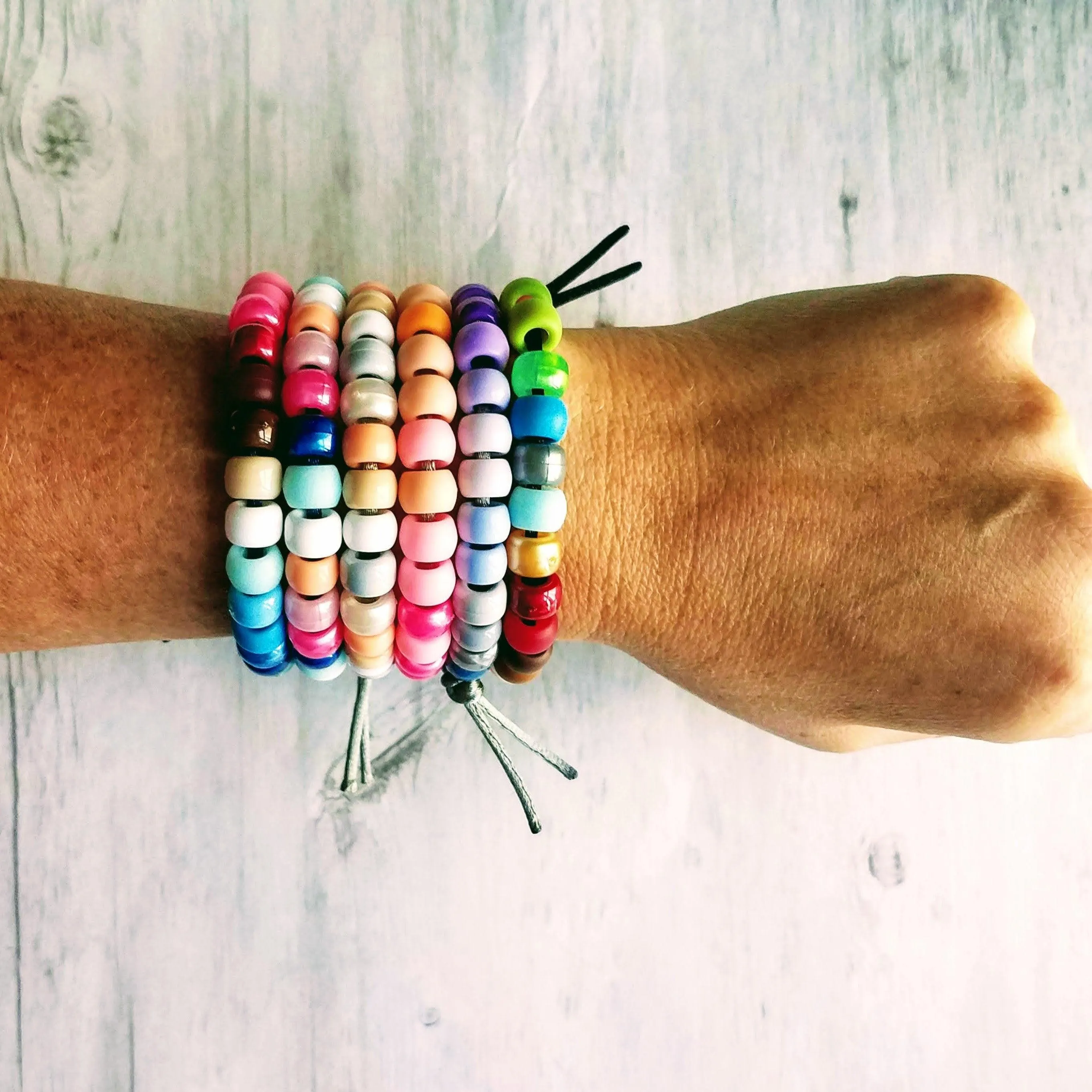 Pastel Rainbow Bracelet, pastel bead bracelet, tie on bracelet, cord bracelet, large crow beads, faux glass bead bracelet, chunky mix colors